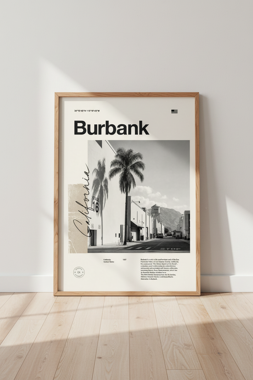 Burbank California Wall Art | Black and White Studio Poster | Modern Office Decor