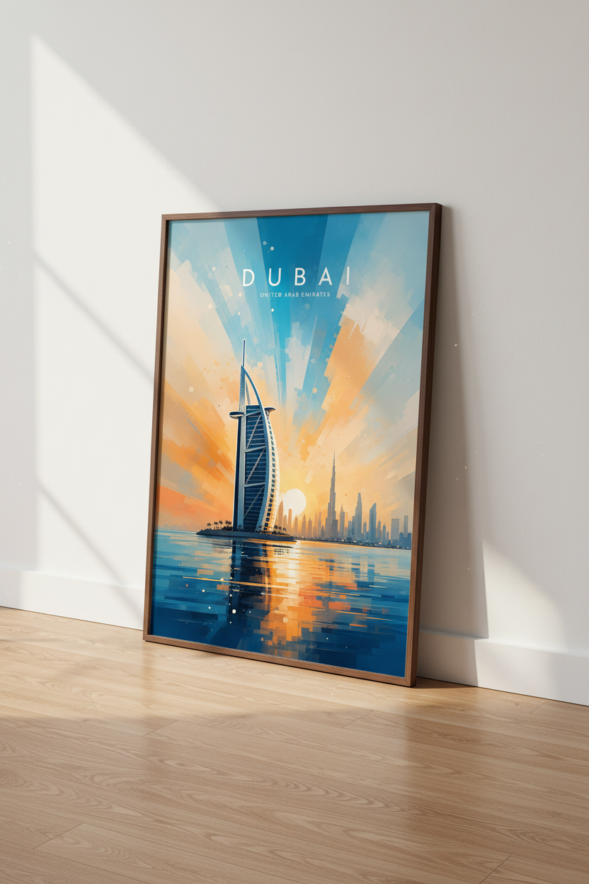 Dubai Cityscape Wall Art Print | Teal and Orange Travel Poster | Modern Office Decor