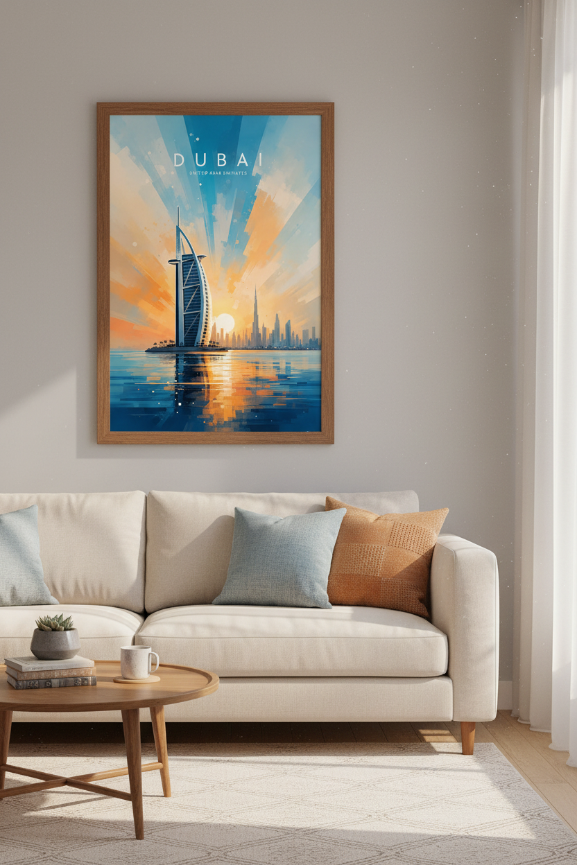 Dubai Cityscape Wall Art Print | Teal and Orange Travel Poster | Modern Office Decor