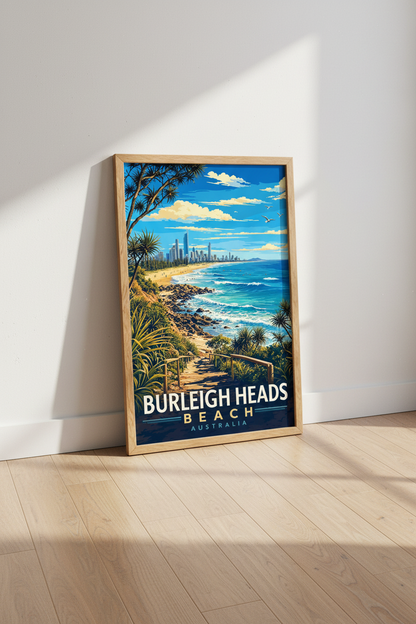 Burleigh Heads Australia Travel Poster | Gold Coast Beach Wall Art | Coastal Retro Print