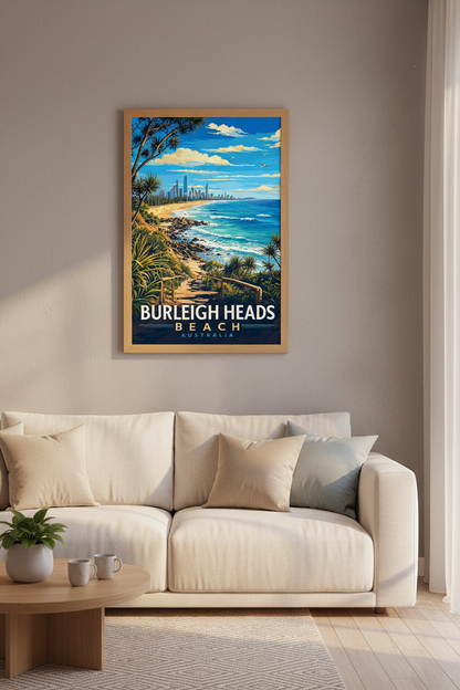 Burleigh Heads Australia Travel Poster | Gold Coast Beach Wall Art | Coastal Retro Print