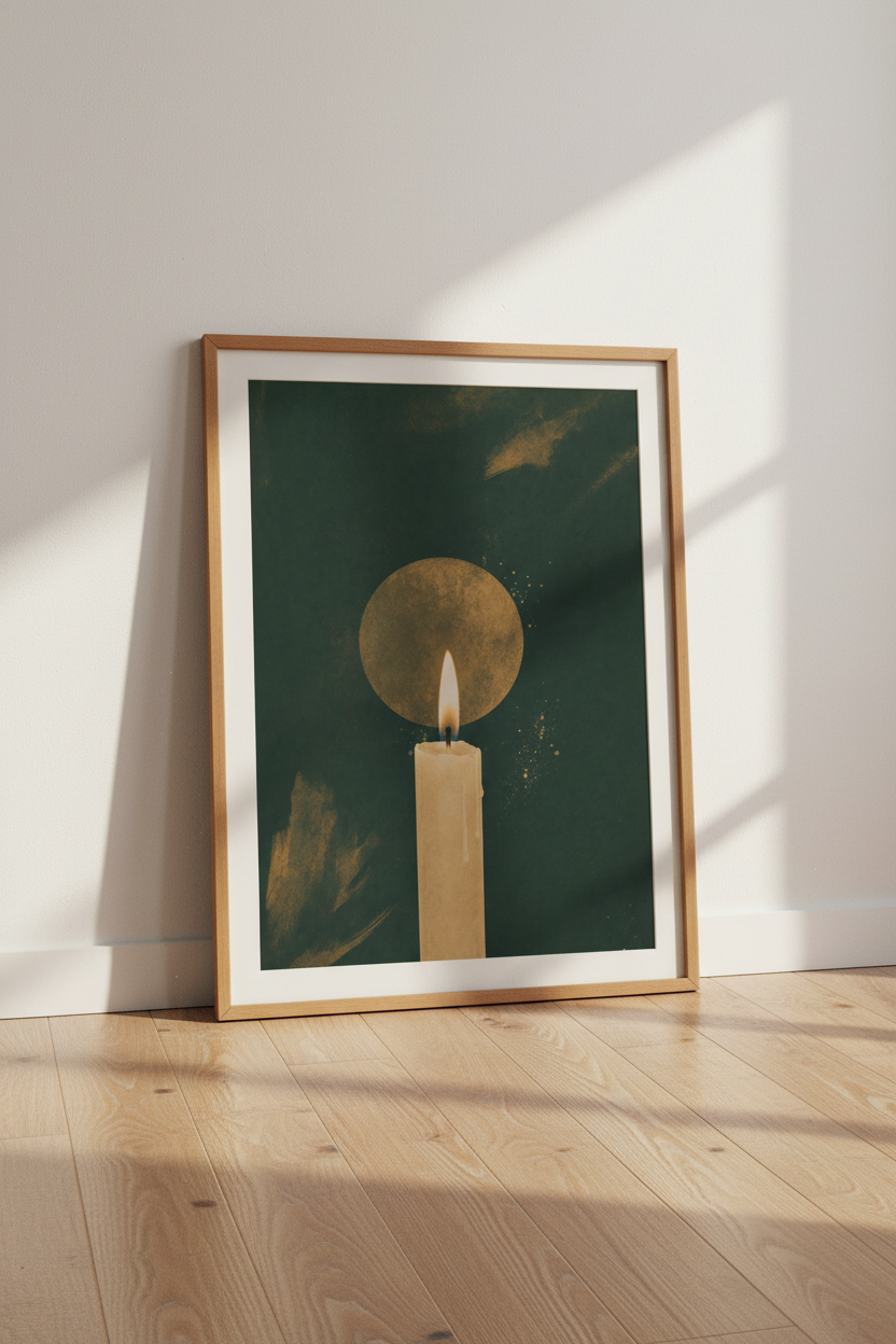 Candle &amp; Moon Wall Art | Gold &amp; Green Moody Print, Dark Academia Decor