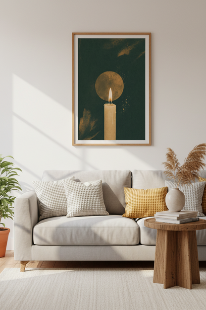 Candle &amp; Moon Wall Art | Gold &amp; Green Moody Print, Dark Academia Decor