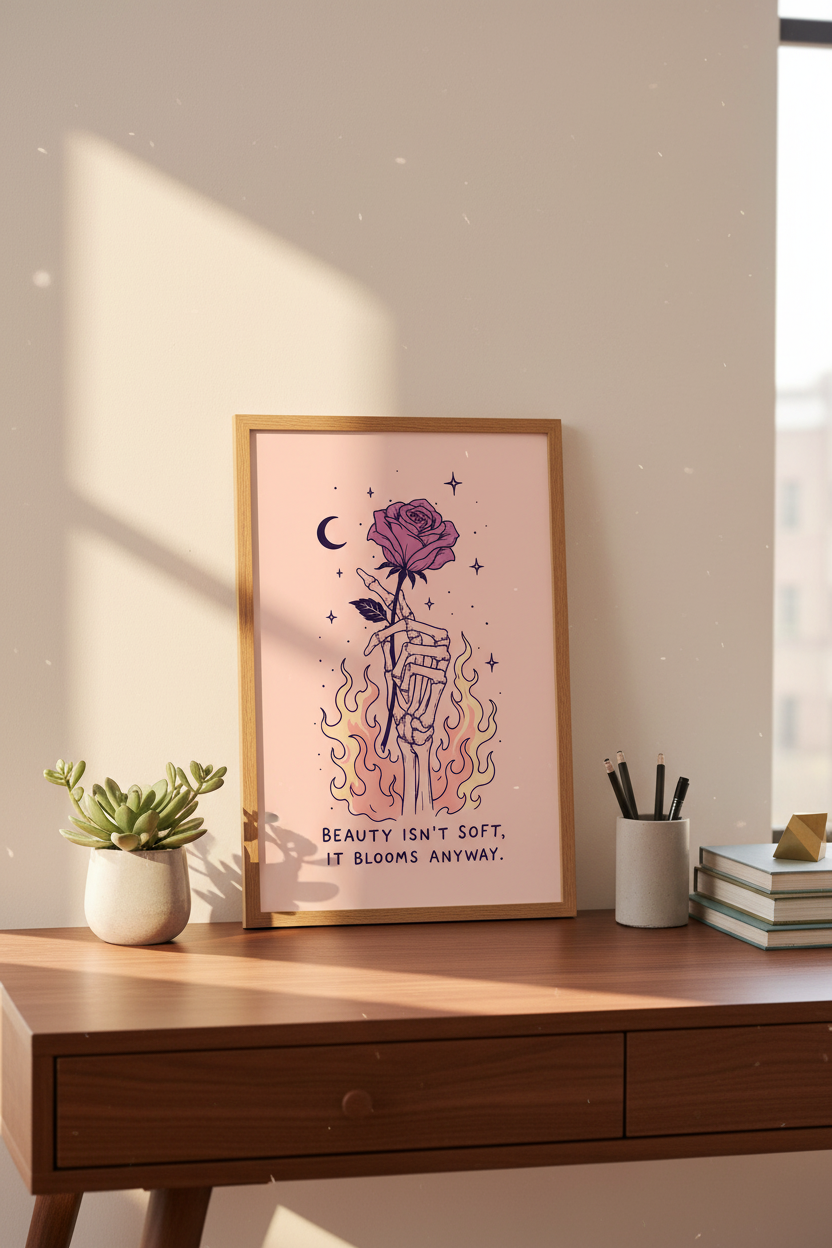 Gothic Rose Print | Moody Pink Artwork, Living Room Decor | Dark Floral Poster