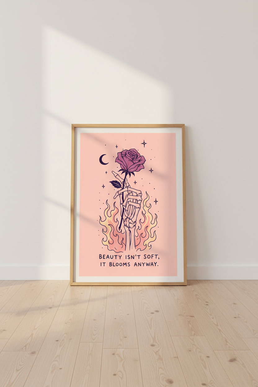 Gothic Rose Print | Moody Pink Artwork, Living Room Decor | Dark Floral Poster