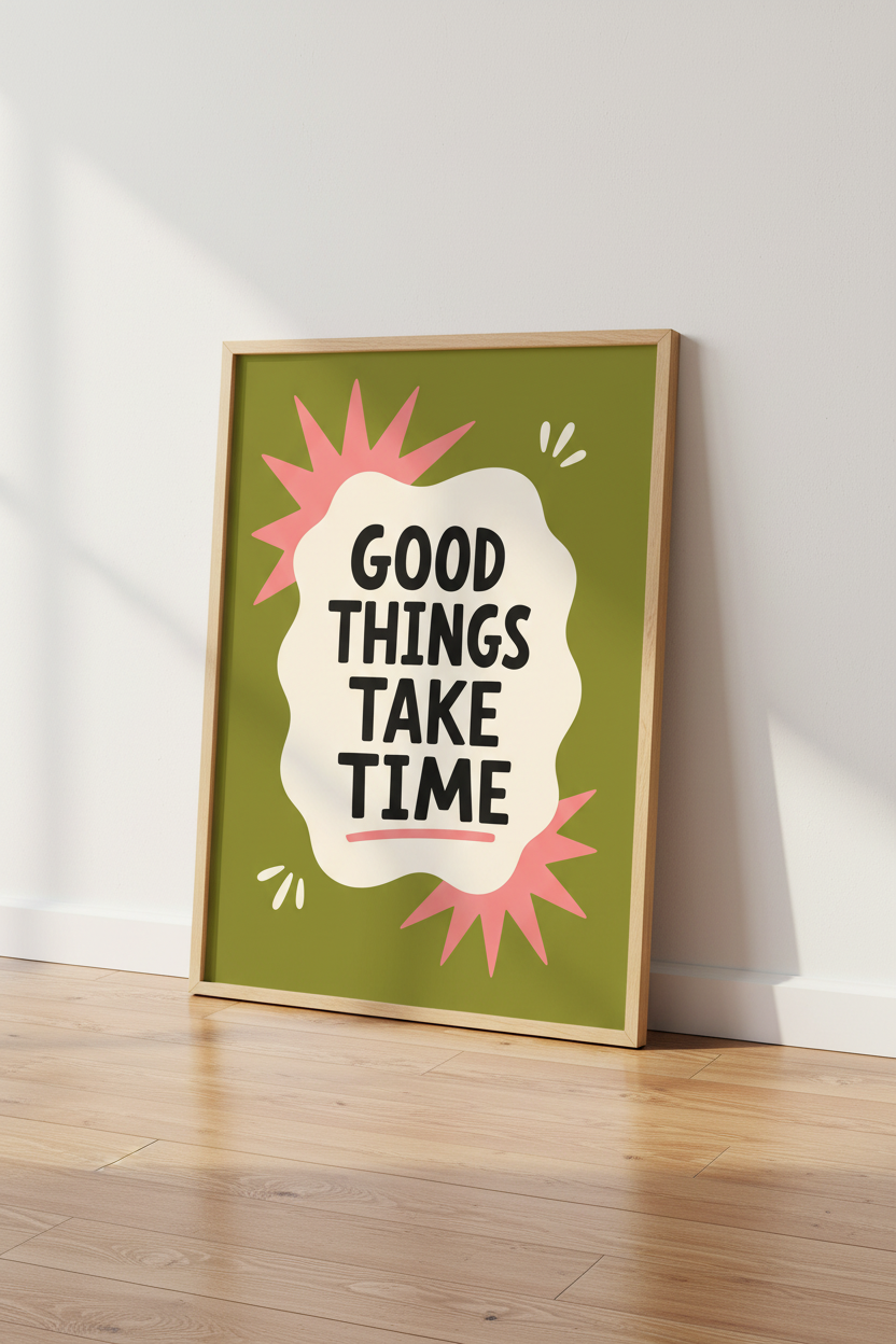 Good Things Take Time Wall Art | Olive Green Retro Quote | Trendy Office Decor