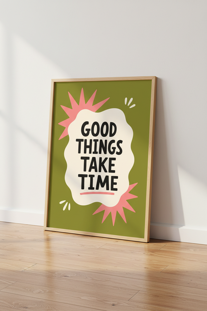 Good Things Take Time Wall Art | Olive Green Retro Quote | Trendy Office Decor