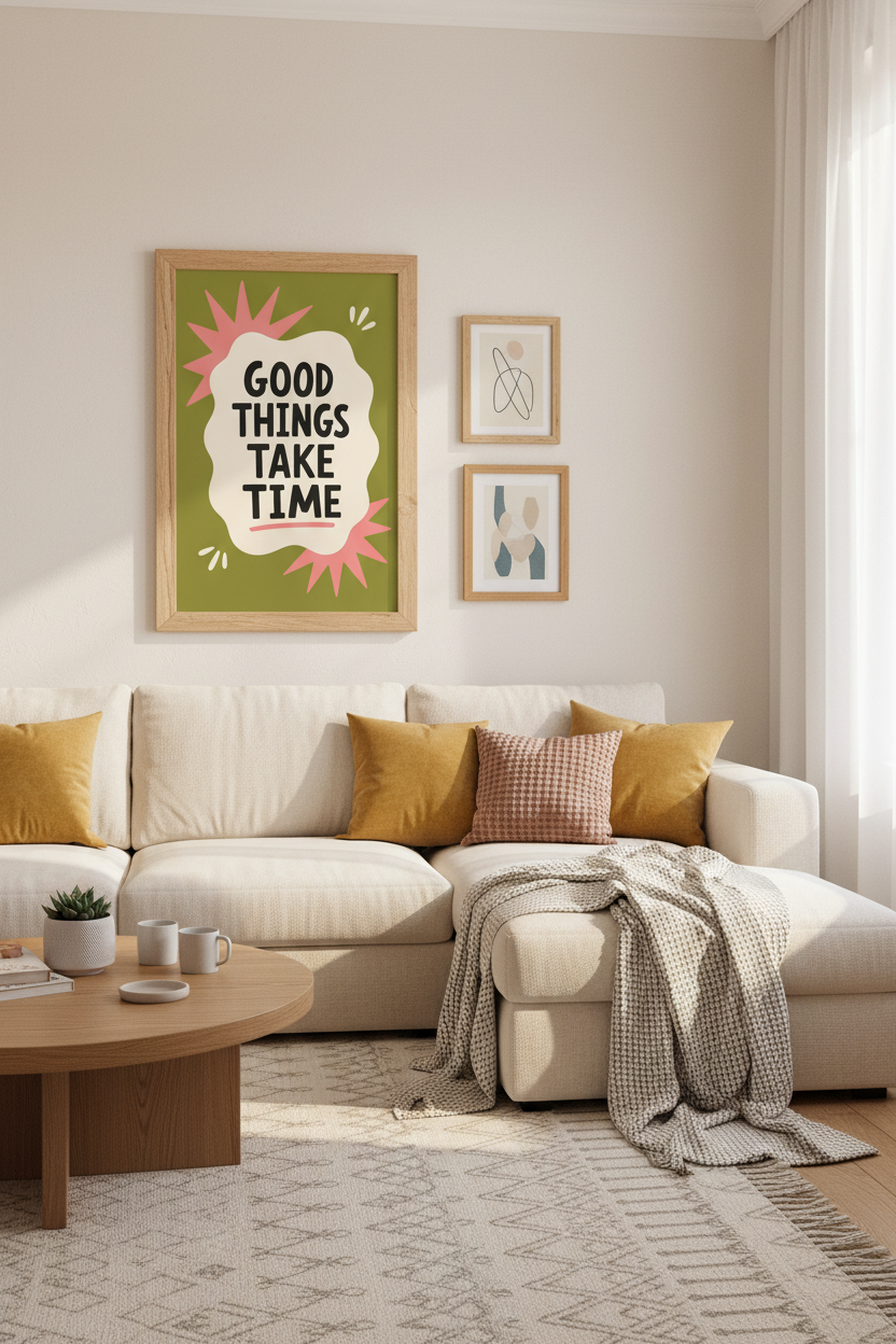 Good Things Take Time Wall Art | Olive Green Retro Quote | Trendy Office Decor