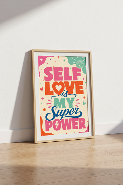 Self Love Is My Superpower Wall Art | Retro Pink Quote Decor | Dopamine Poster