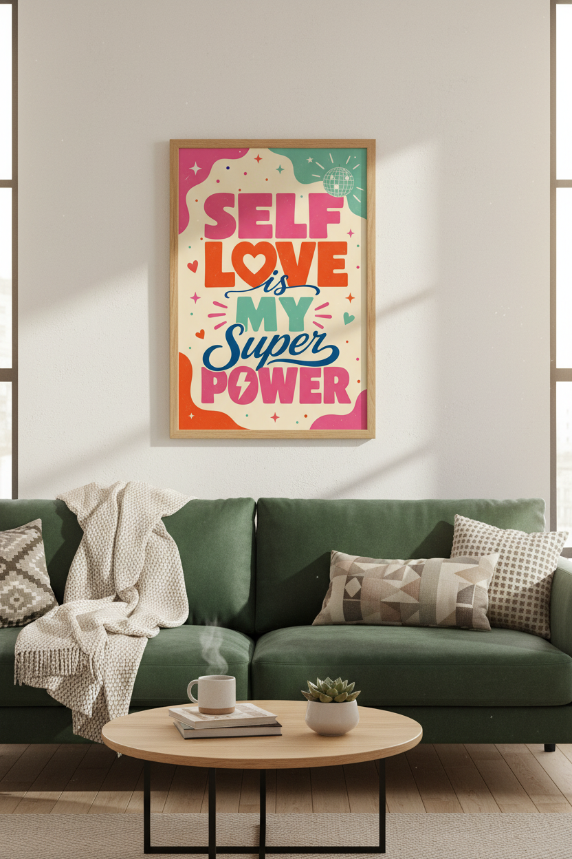 Self Love Is My Superpower Wall Art | Retro Pink Quote Decor | Dopamine Poster