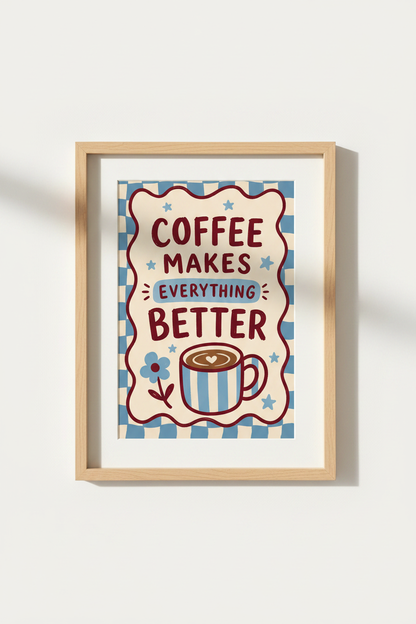 Retro Coffee Art Print | Blue Checkered Kitchen Decor | Funky Quote Poster