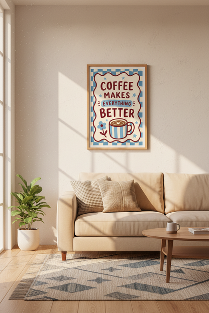 Retro Coffee Art Print | Blue Checkered Kitchen Decor | Funky Quote Poster
