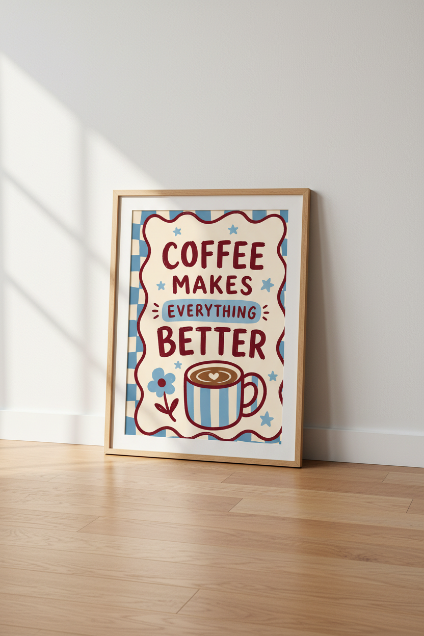Retro Coffee Art Print | Blue Checkered Kitchen Decor | Funky Quote Poster