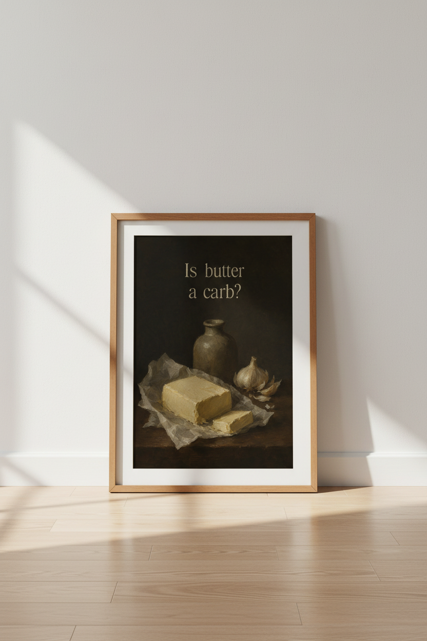 Is Butter a Carb? Art Print | Moody Kitchen Decor | Funny Still Life Poster