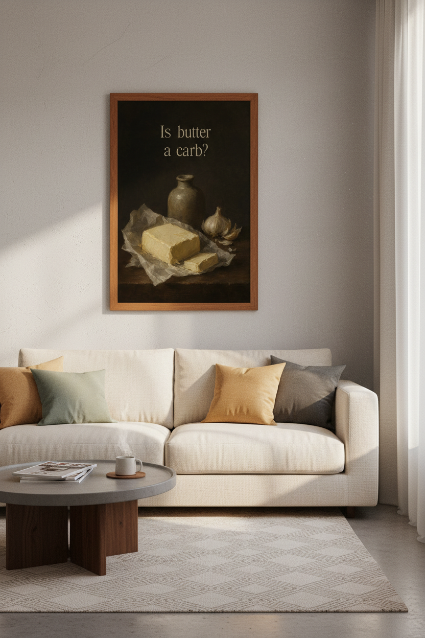 Is Butter a Carb? Art Print | Moody Kitchen Decor | Funny Still Life Poster