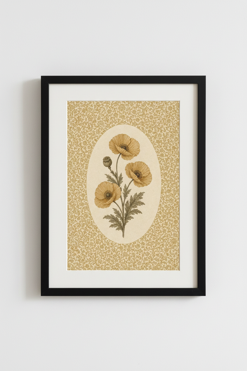 Vintage Poppy Botanical Wall Art | Gold Floral Poster, Neutral Living Room Decor