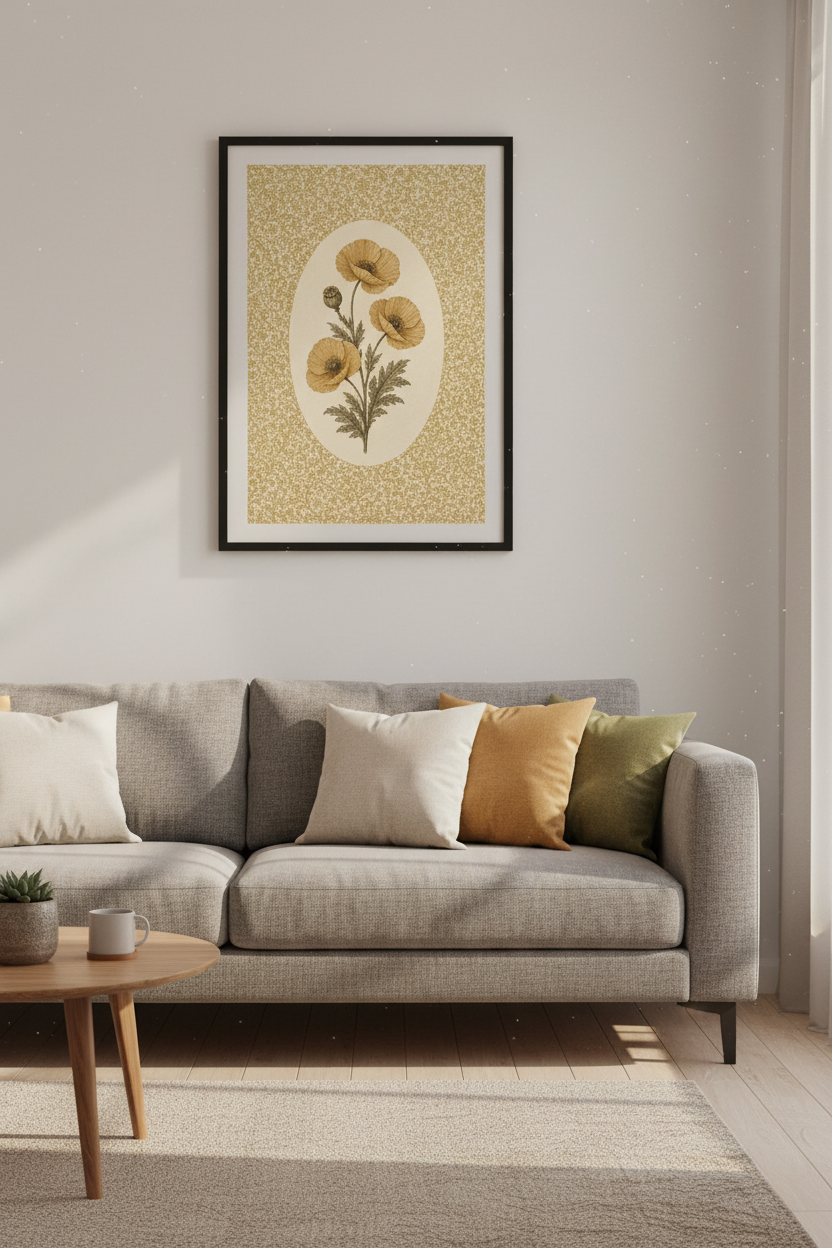 Vintage Poppy Botanical Wall Art | Gold Floral Poster, Neutral Living Room Decor