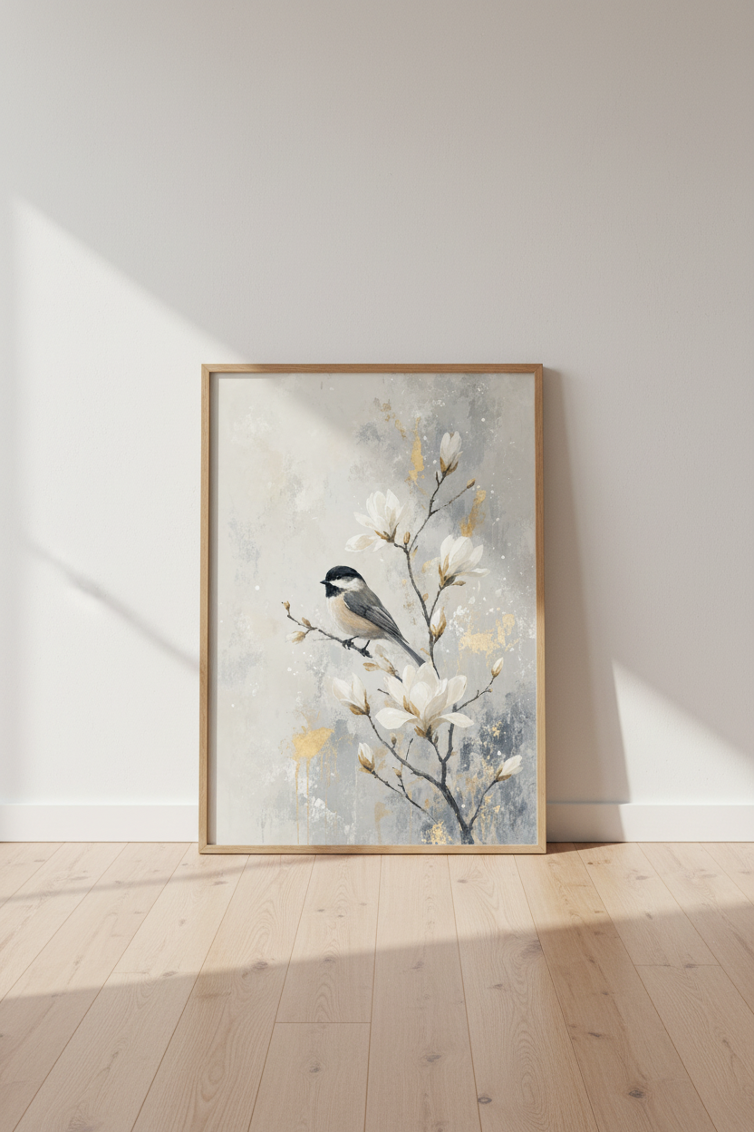 Chickadee &amp; White Magnolia Wall Art | Shabby Chic Nature Decor | Gold Leaf Poster