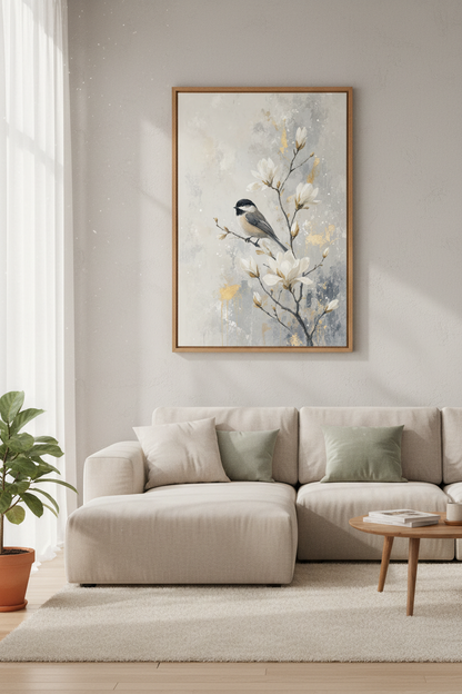 Chickadee &amp; White Magnolia Wall Art | Shabby Chic Nature Decor | Gold Leaf Poster