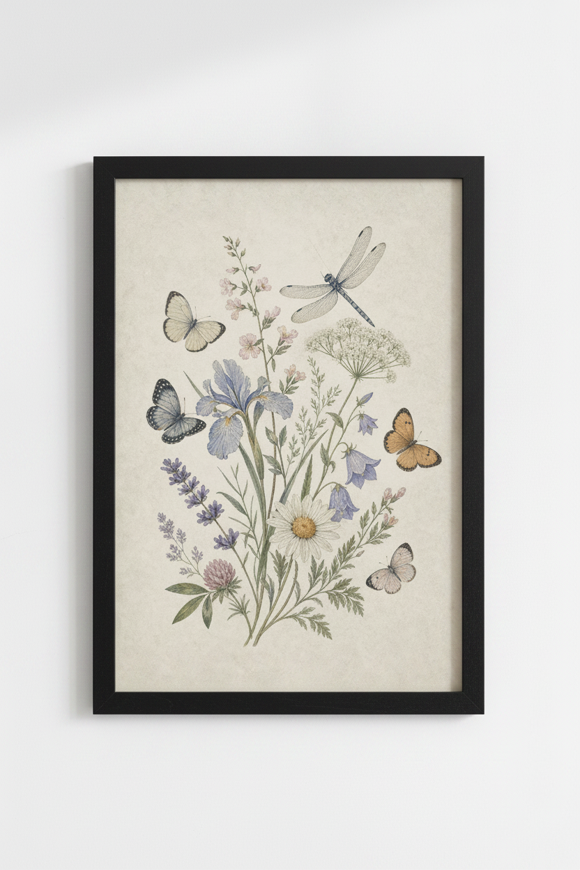 Vintage Butterfly &amp; Wildflower Wall Art Print | Bedroom Decor | Botanical Poster