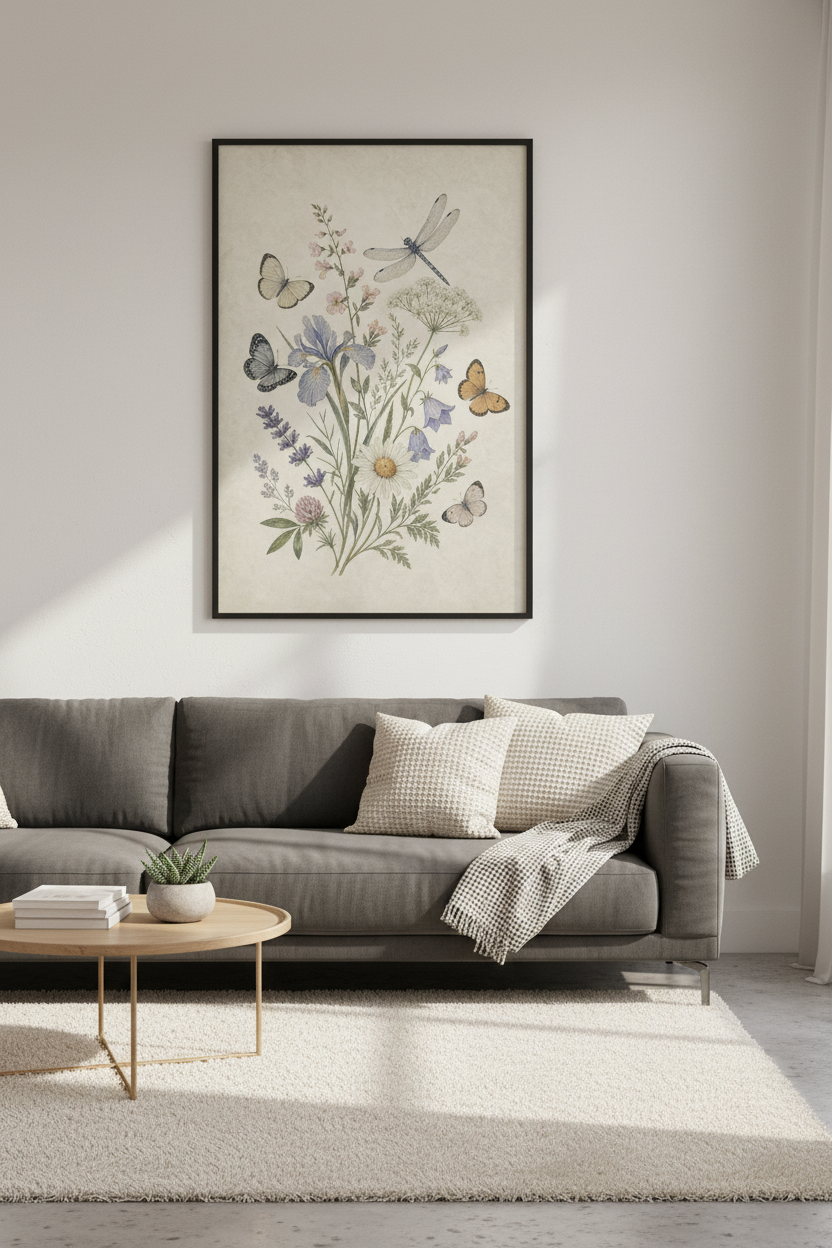 Vintage Butterfly &amp; Wildflower Wall Art Print | Bedroom Decor | Botanical Poster