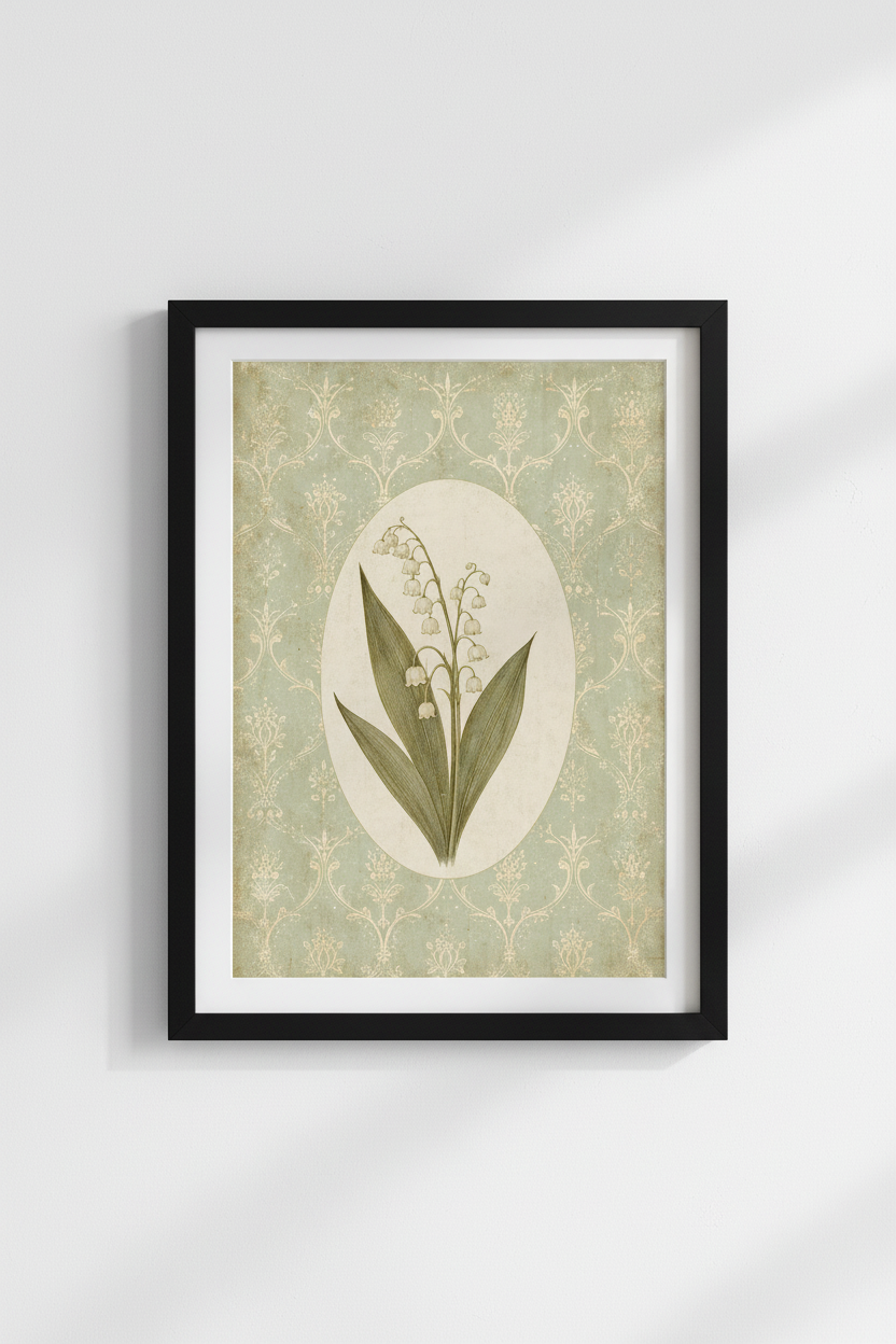 Lily of the Valley Botanical Art | Vintage Sage Green Floral, Cottagecore Poster Print