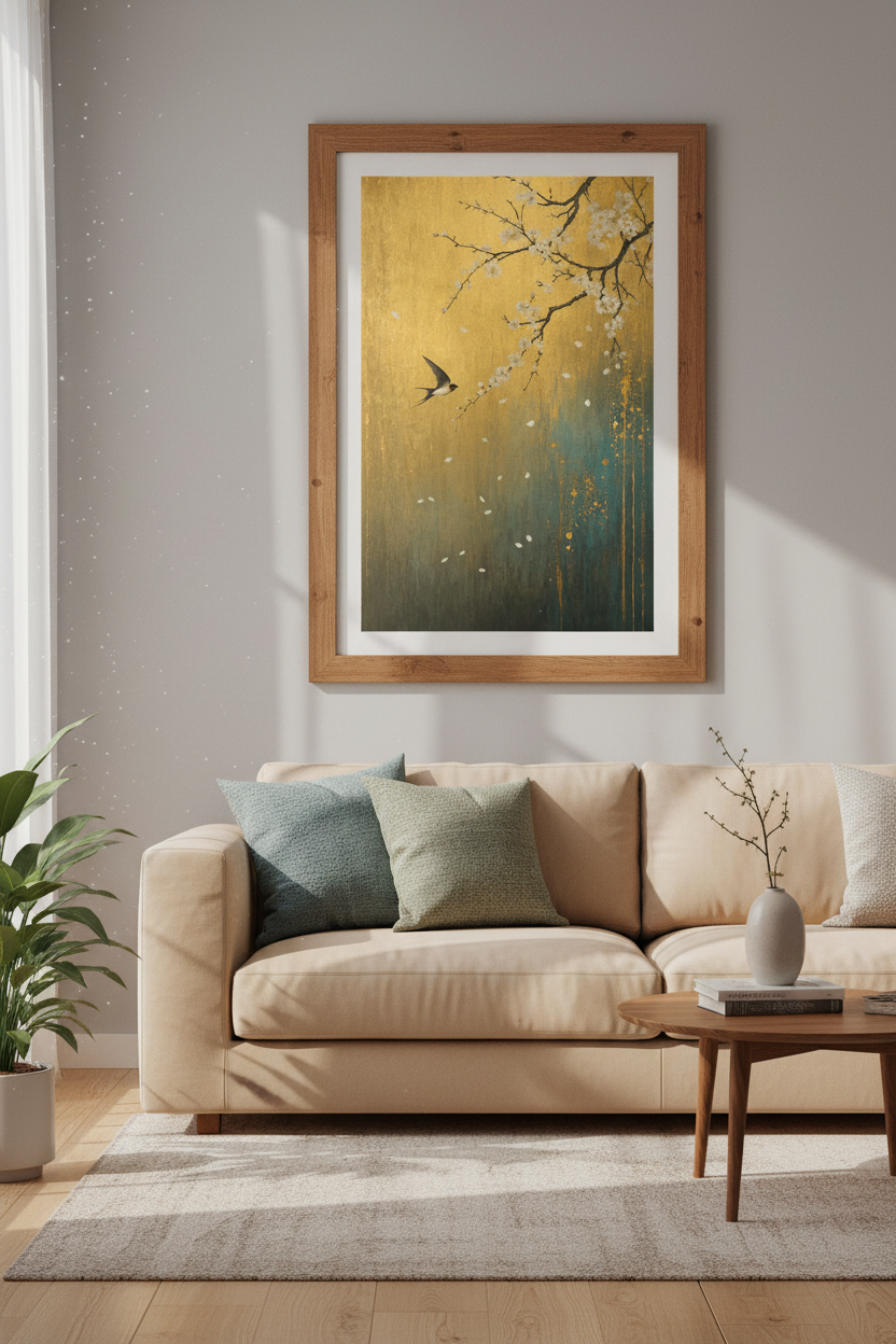 Swallow &amp; Cherry Blossom Art | Gold Leaf Teal Abstract, Japandi Living Room Decor