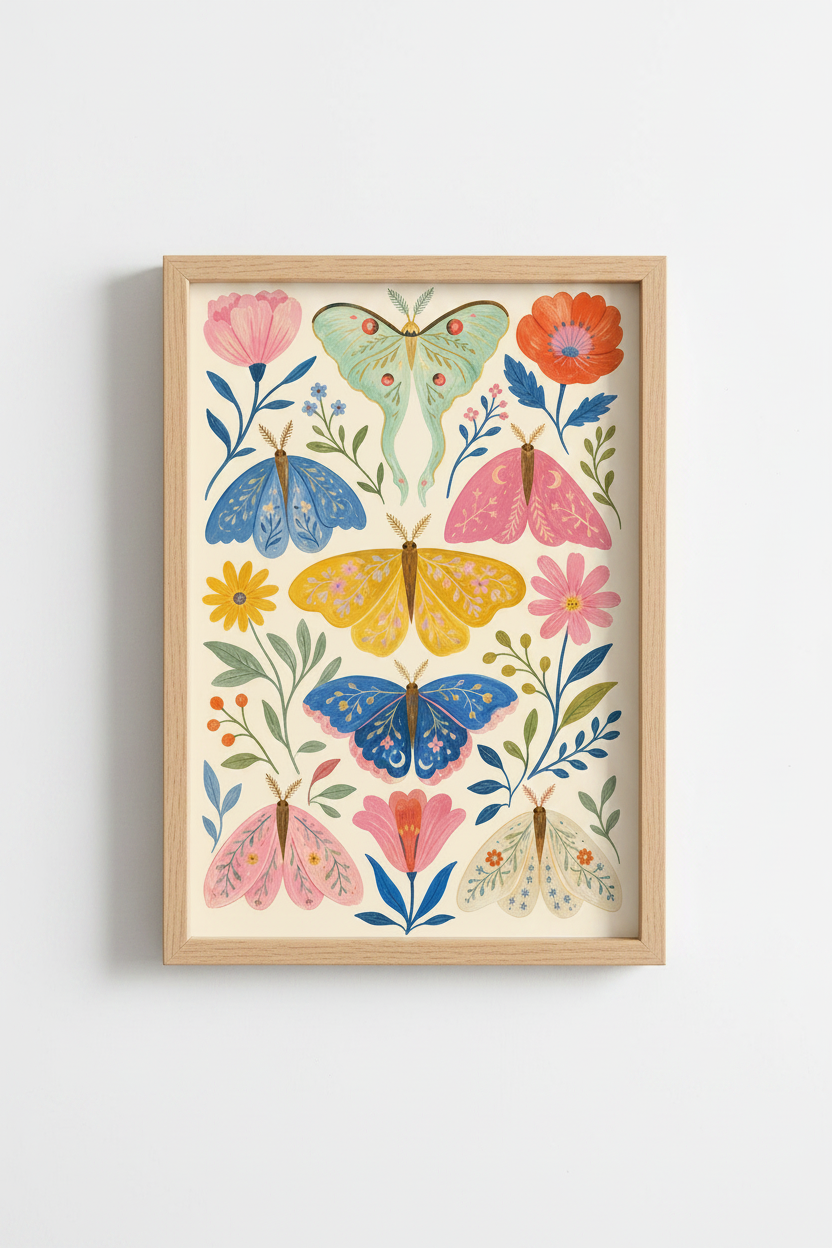 Whimsical Moth Wall Art | Folk Floral Insect Poster | Colorful Nursery Decor