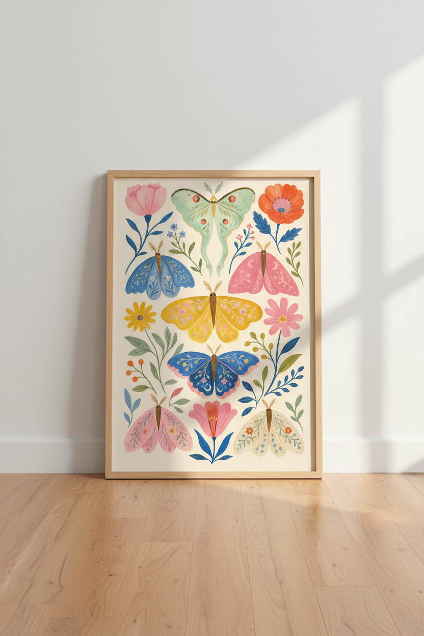 Whimsical Moth Wall Art | Folk Floral Insect Poster | Colorful Nursery Decor