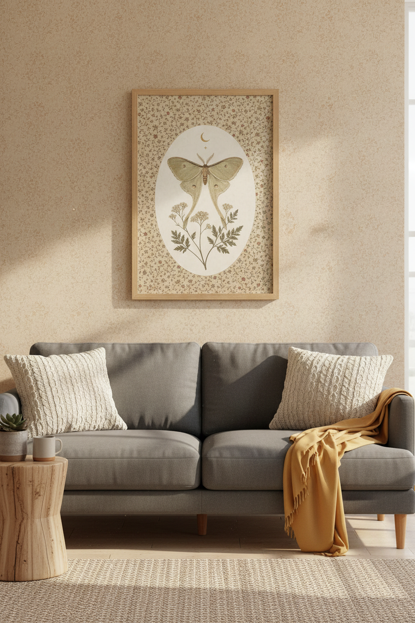 Luna Moth Vintage Wall Art | Botanical Celestial Print, Dark Academia Decor