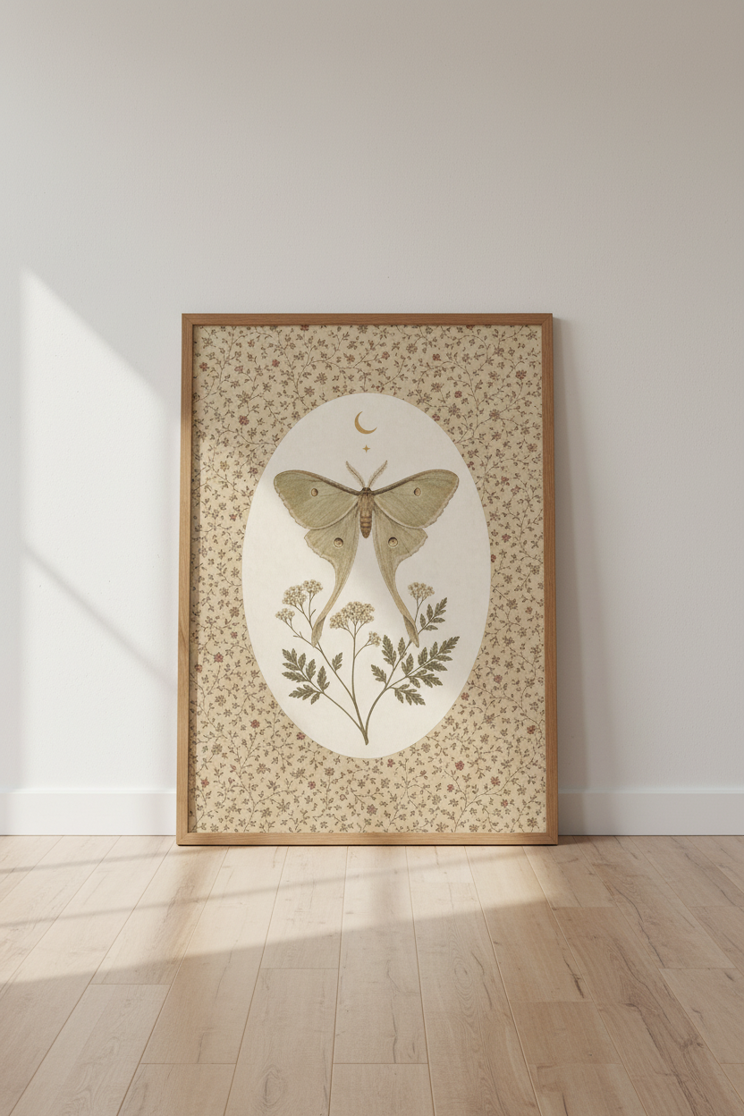 Luna Moth Vintage Wall Art | Botanical Celestial Print, Dark Academia Decor