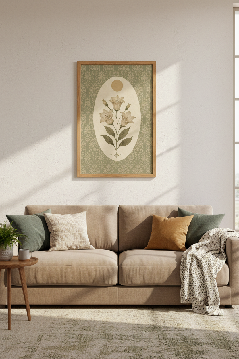 Vintage Lily Botanical Wall Art | Sage Green Floral Print, Cottagecore Decor