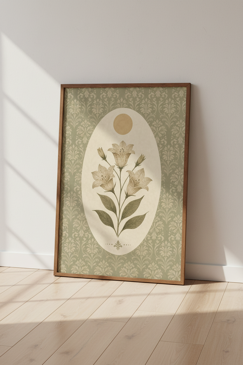 Vintage Lily Botanical Wall Art | Sage Green Floral Print, Cottagecore Decor