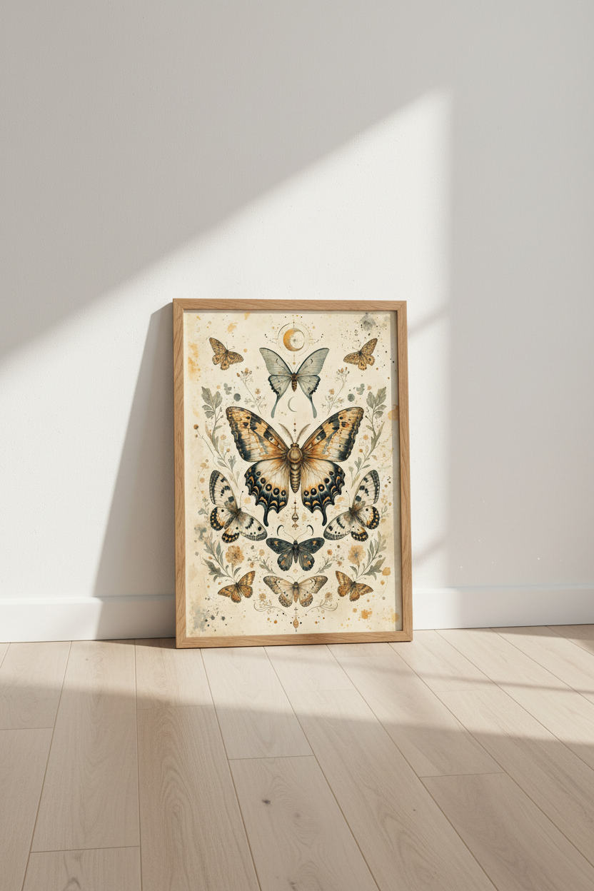Vintage Butterfly Wall Art | Moon &amp; Flower Botanical Print, Boho Home Decor