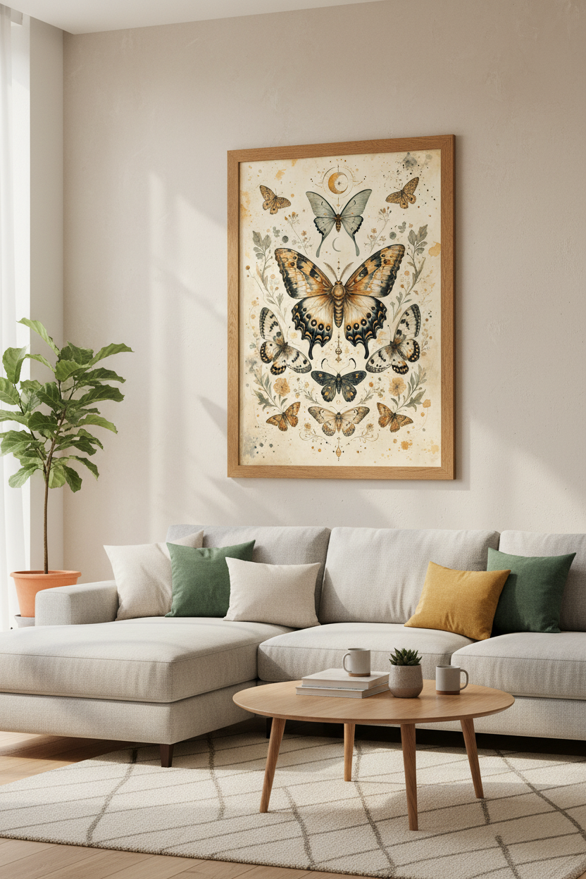 Vintage Butterfly Wall Art | Moon &amp; Flower Botanical Print, Boho Home Decor