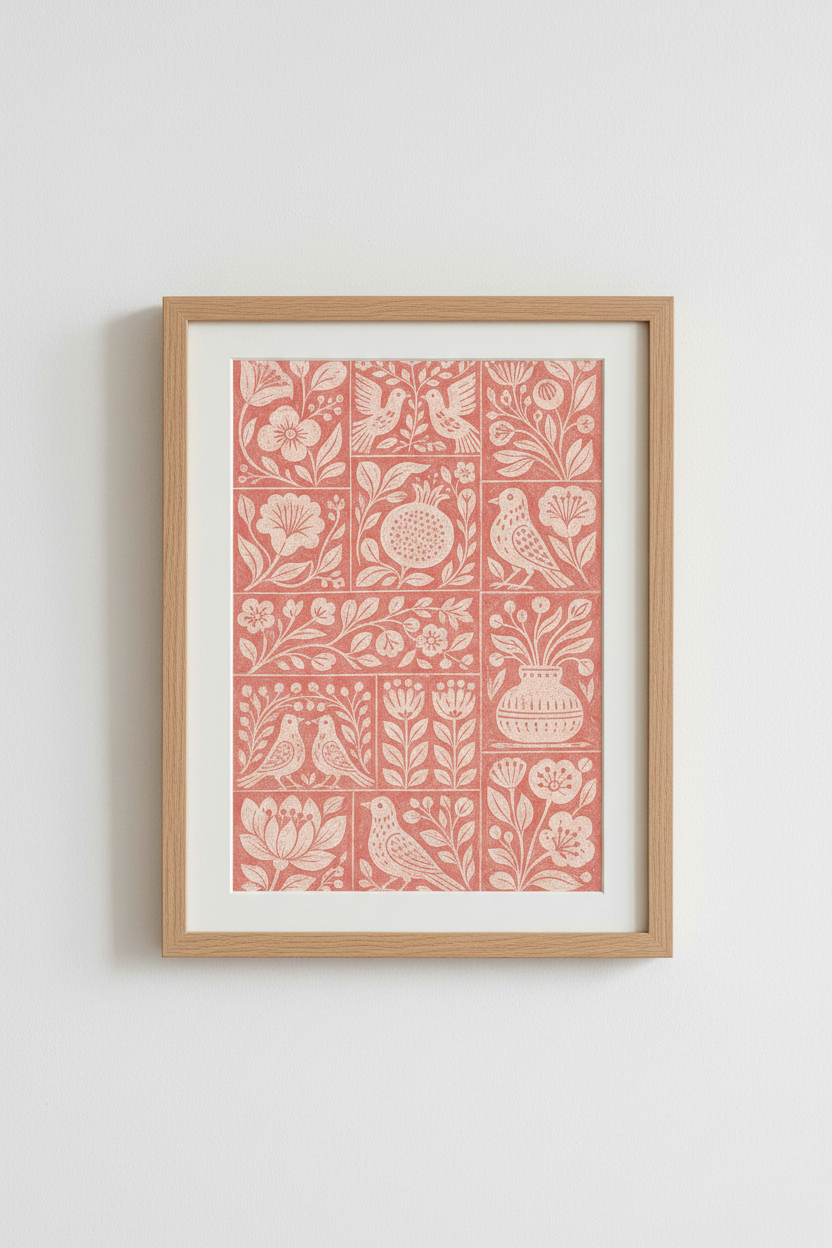 Vintage Botanical Art | Pink Tile Motif, Floral Wall Decor