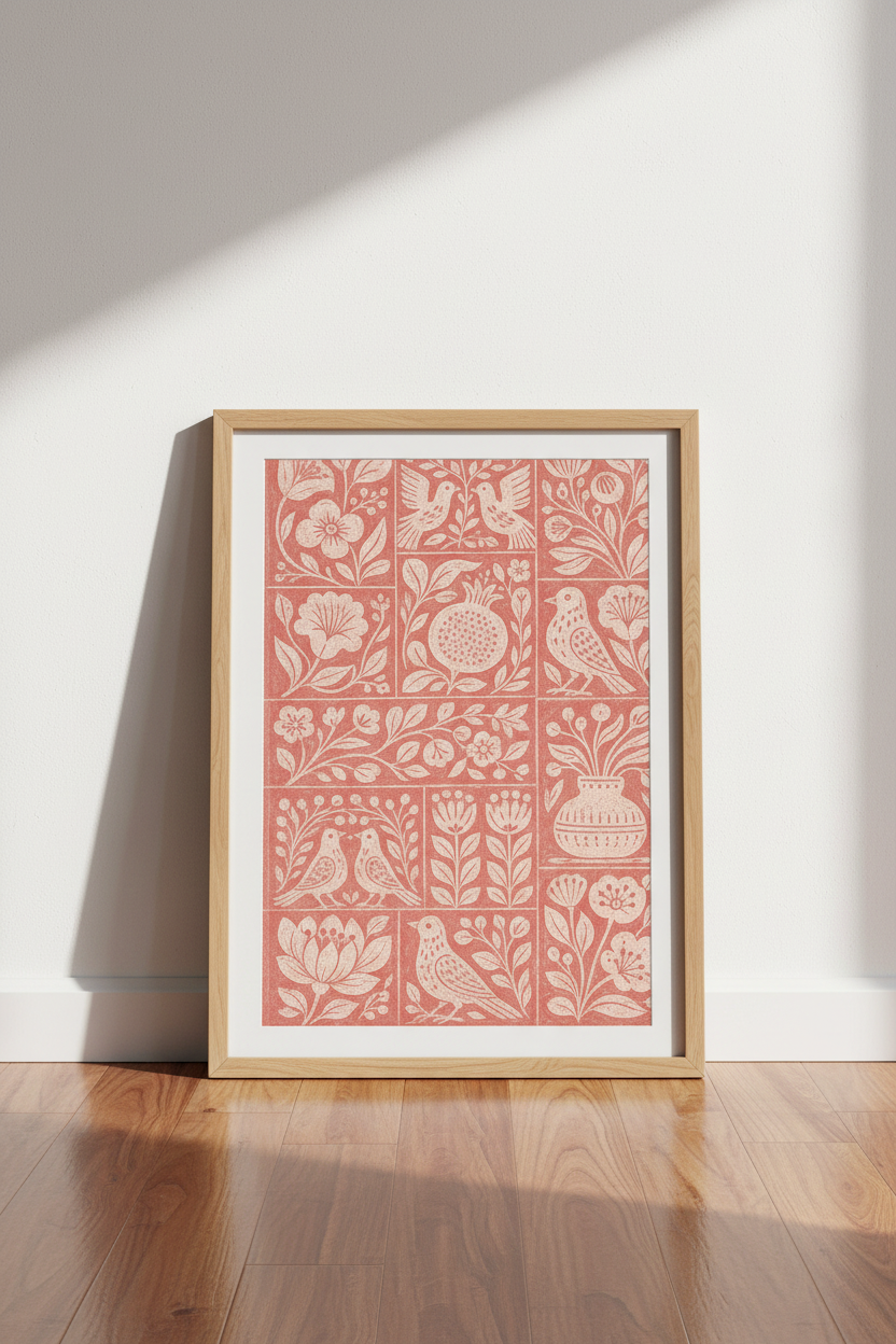 Vintage Botanical Art | Pink Tile Motif, Floral Wall Decor