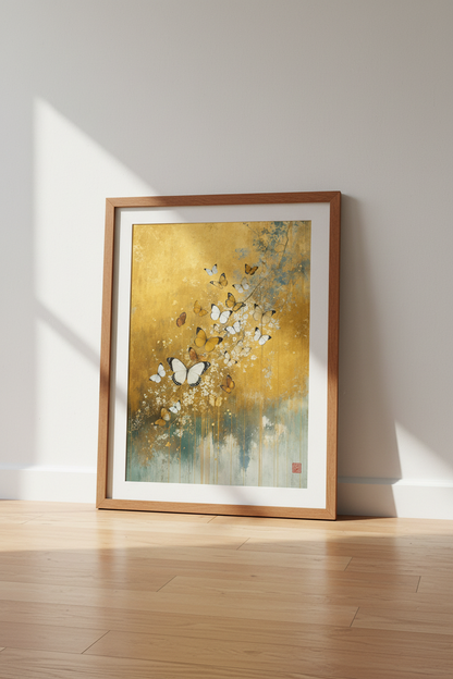 Golden Butterfly Art | Chinoiserie Gold Leaf Poster, Zen Living Room Decor