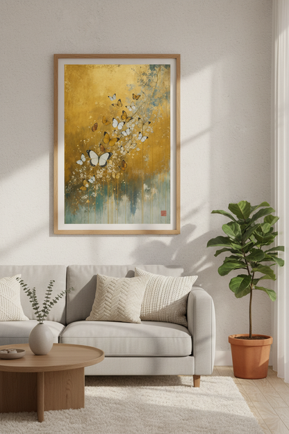 Golden Butterfly Art | Chinoiserie Gold Leaf Poster, Zen Living Room Decor