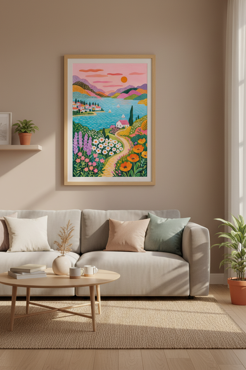 Colorful Coastal Landscape Print | Mediterranean Folk Art, Vibrant Summer Scenery