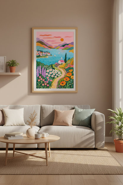 Colorful Coastal Landscape Print | Mediterranean Folk Art, Vibrant Summer Scenery
