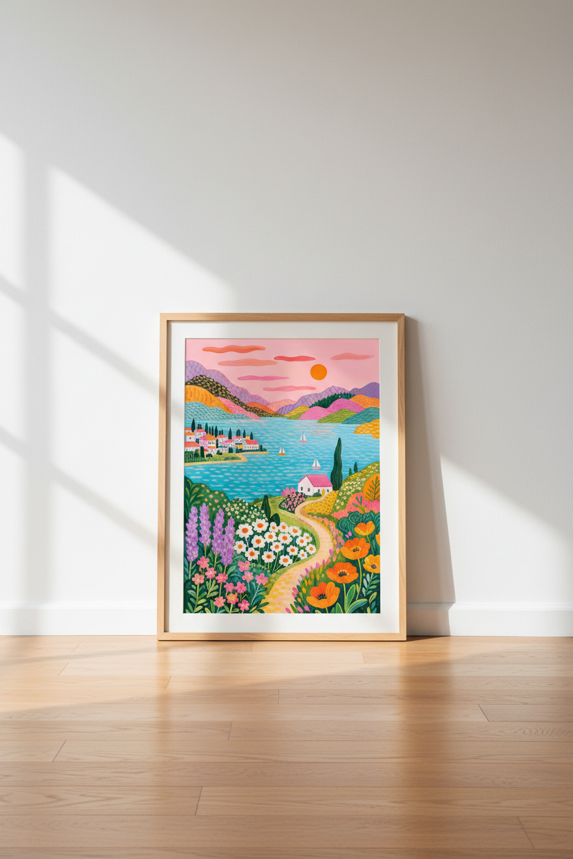 Colorful Coastal Landscape Print | Mediterranean Folk Art, Vibrant Summer Scenery
