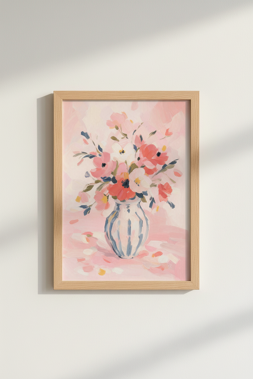 Pink Floral Art Print | Scandi Style Flower Vase Poster, Romantic Bedroom Decor