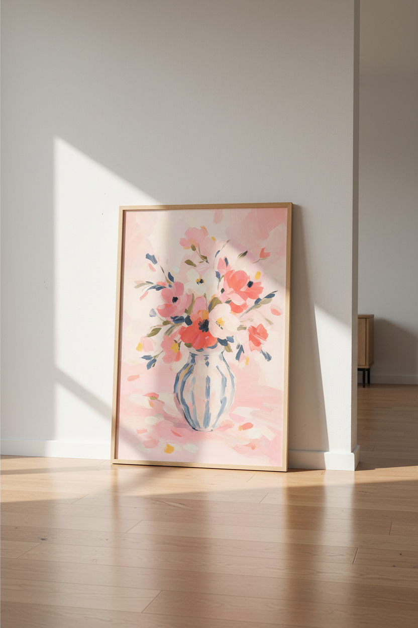 Pink Floral Art Print | Scandi Style Flower Vase Poster, Romantic Bedroom Decor