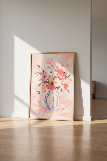 Pink Floral Art Print | Scandi Style Flower Vase Poster, Romantic Bedroom Decor