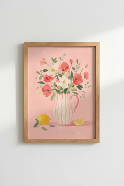 Pastel Floral Art Print | Pink Flower Vase Poster | Whimsical Kitchen Decor