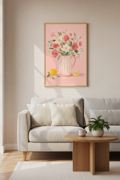 Pastel Floral Art Print | Pink Flower Vase Poster | Whimsical Kitchen Decor