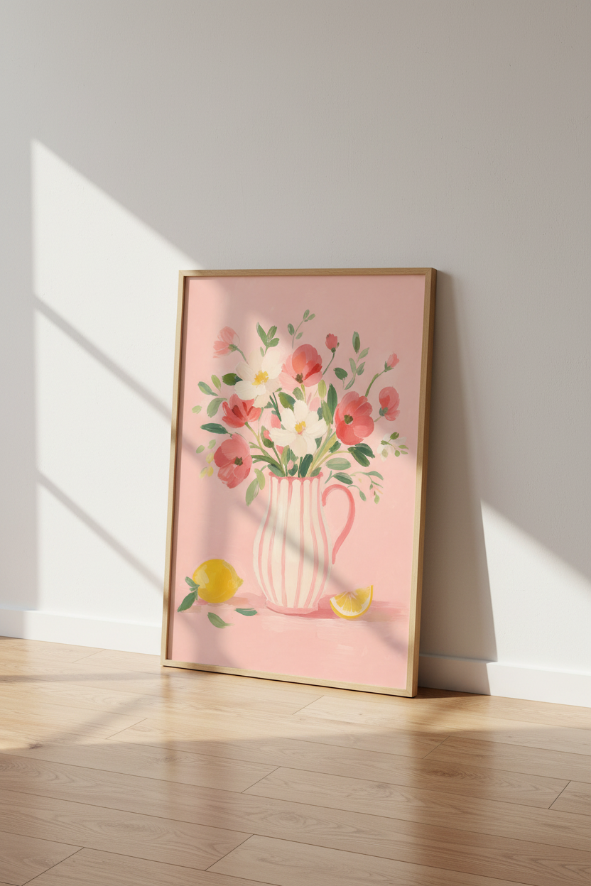 Pastel Floral Art Print | Pink Flower Vase Poster | Whimsical Kitchen Decor
