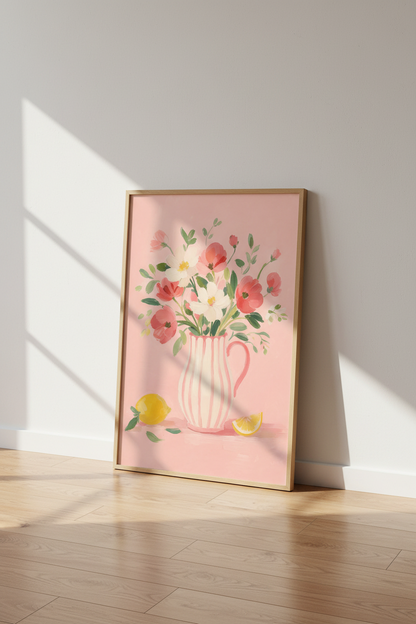 Pastel Floral Art Print | Pink Flower Vase Poster | Whimsical Kitchen Decor