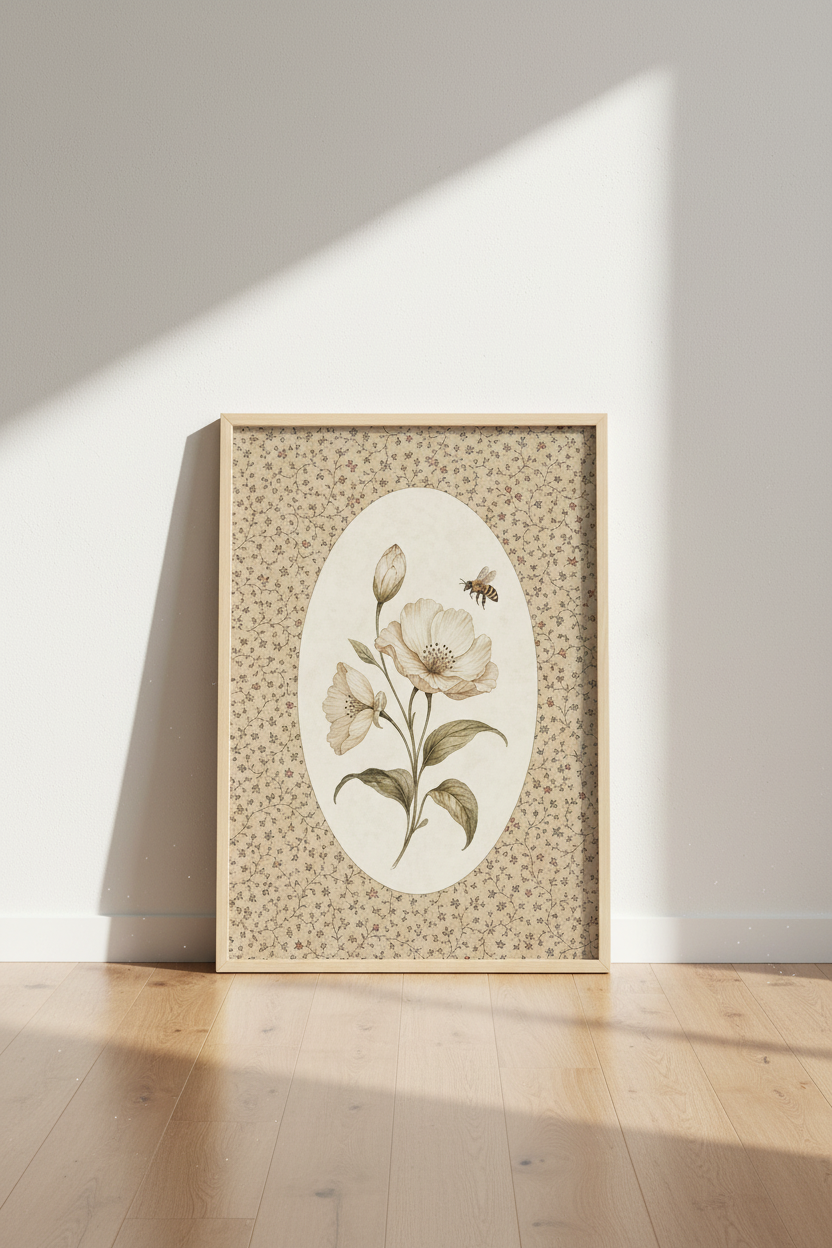 Vintage Honeybee &amp; Floral Wall Art Print | Bedroom Decor | Botanical Cottagecore Poster